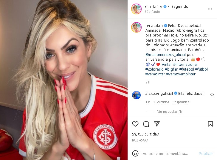 Renata Fan decidiu surgir feliz com resultado de seu time (Foto: Reprodução)