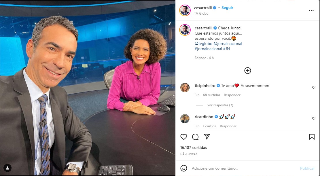 César Tralli ao lado de Aline Aguiar na bancada do Jornal Nacional - Foto: Reprodução