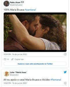 Internautas aprovaram Maria Bruaca (Isabel Teixeira) com Alcides (Juliano Cazarré) em Pantanal (Foto: Reprodução / Twitter)