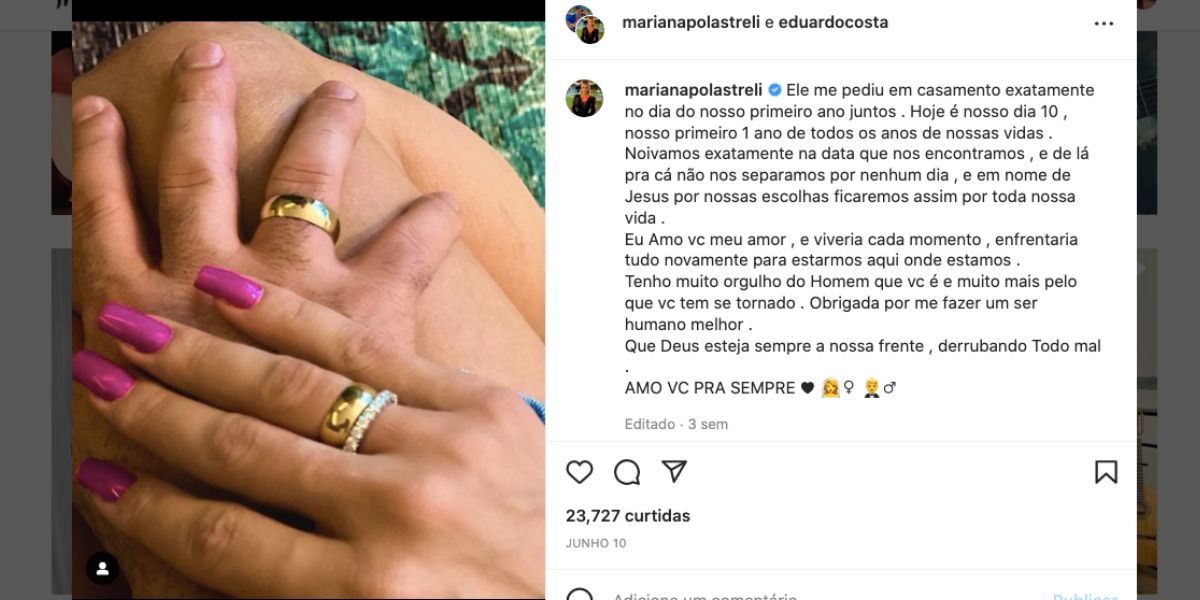 De acordo com Mariana, cantor a pediu em casamento no dia de aniversário de namoro 