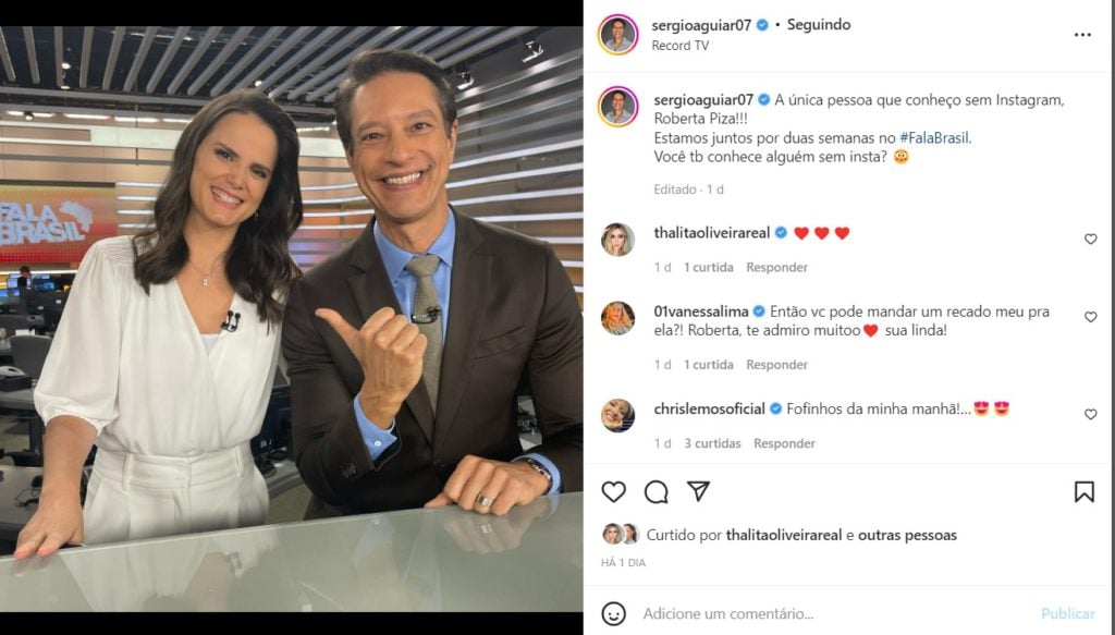 Sérgio Aguiar posou ao lado de Roberta Piza para dar as boas vindas para a subsituta de Mariana Godoy