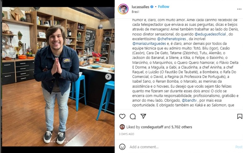 Lucas Salles foi demitido da Band (Foto: Reprodução/Instagram)