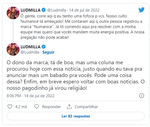 Ludmilla se manifesta sobre a marca Numanice nas redes sociais (Foto: Reprodução/Twitter)