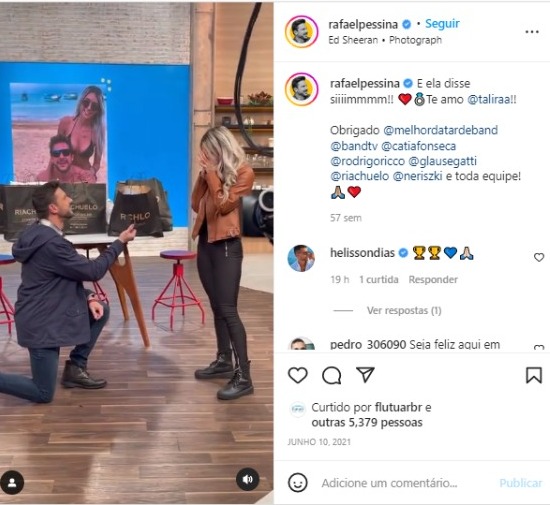 Post de Rafael Pessina nas redes sociais na ocasião do pedido de casamento (Foto: Reprodução/Instagram)