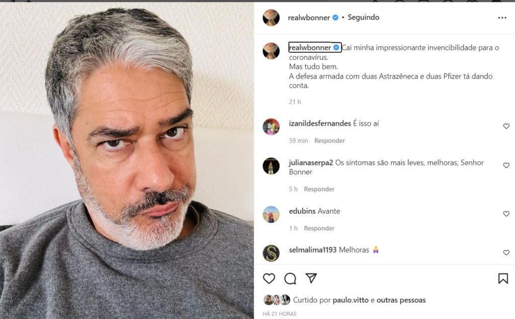 William Bonner anunciou que está com Covid 19 em seu perfil oficial no Instagram