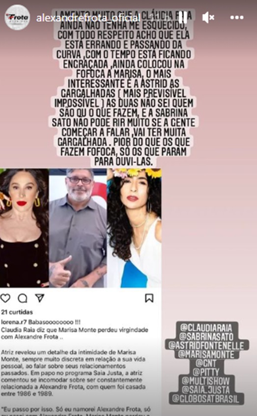 Alexandre Frota se pronuncia nos Stories sobre desprezo de Claudia Raia 