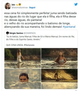 Público ficou em polvorosa com batismo de Juma em Pantanal e lembraram de tramas bíblicas (Foto: Reprodução / Twitter)