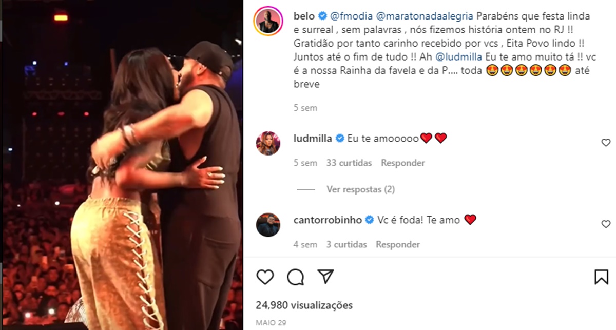 Belo abraça Ludmilla em vídeo e se declara nas redes sociais 