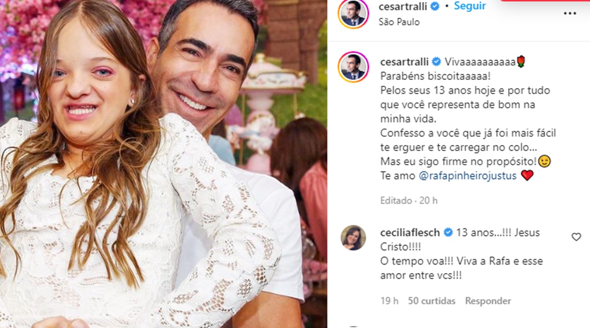 César Tralli faz declaração afetuosa para sua amada enteada, Rafaella Justos