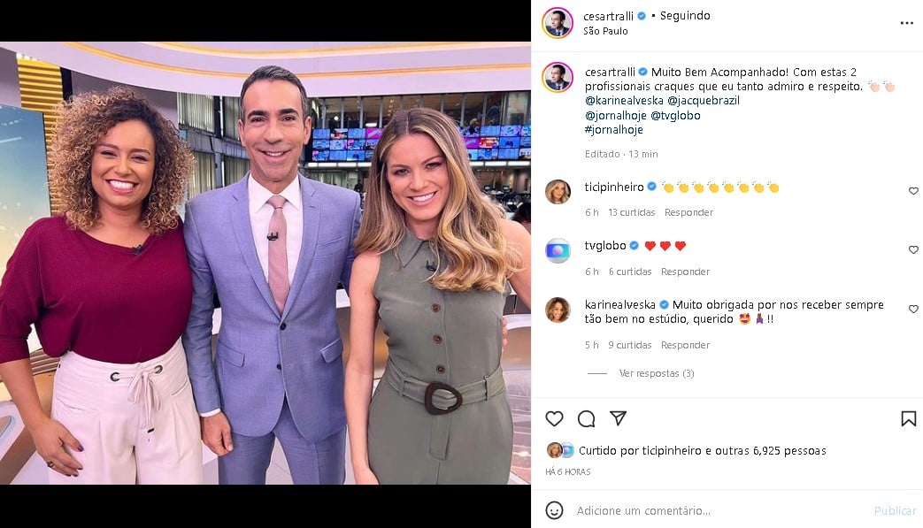 César Tralli voltou a surpreender ao surgir com duas mulheres na Globo (Foto: Reprodução/ Instagram)