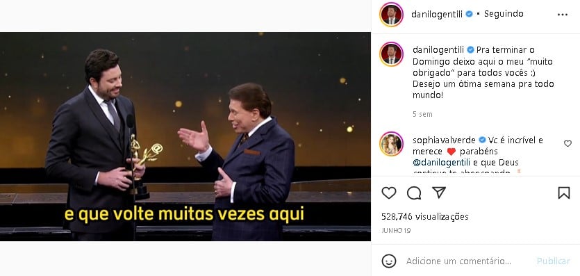 Danilo Gentili se derreteu em elogios para Silvio Santos, seu patrão no SBT (Foto: Reprodução/ Instagram)