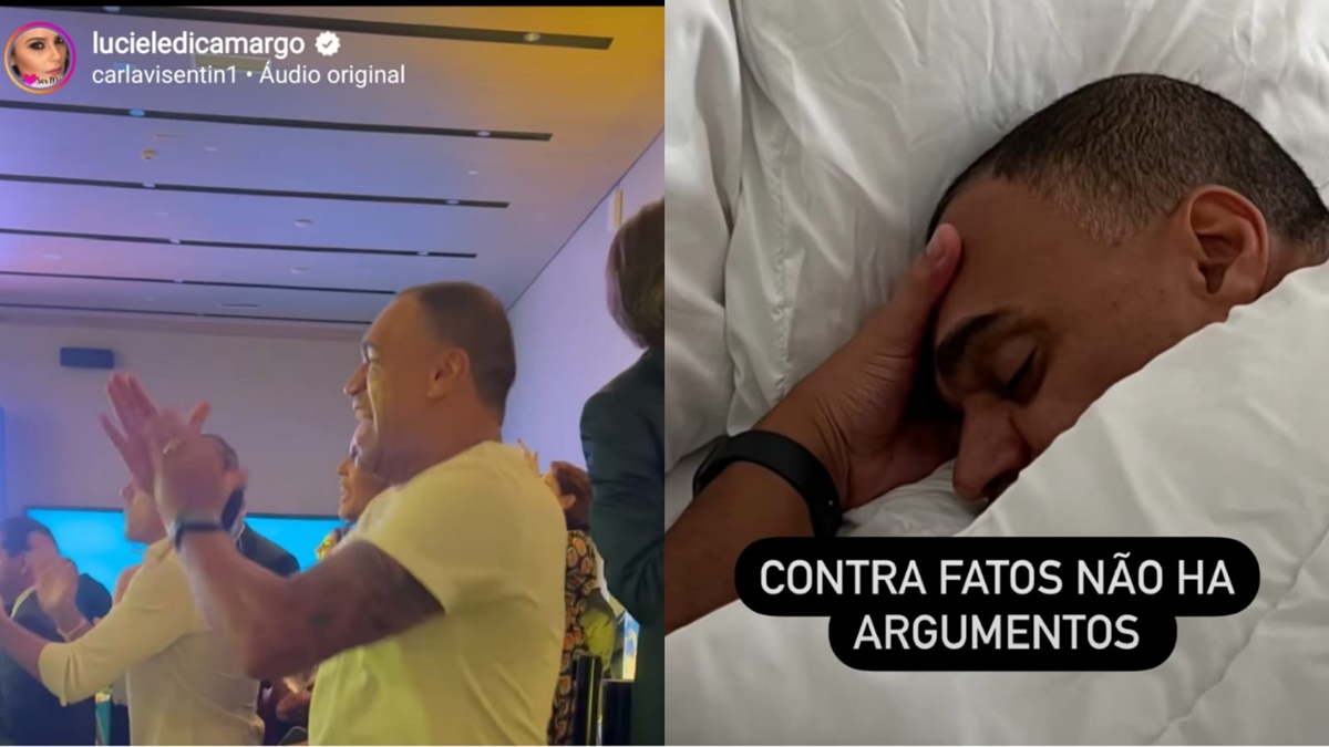 Luciele Di Camargo expõe Denílson dançando e ao lado dela, dormindo 