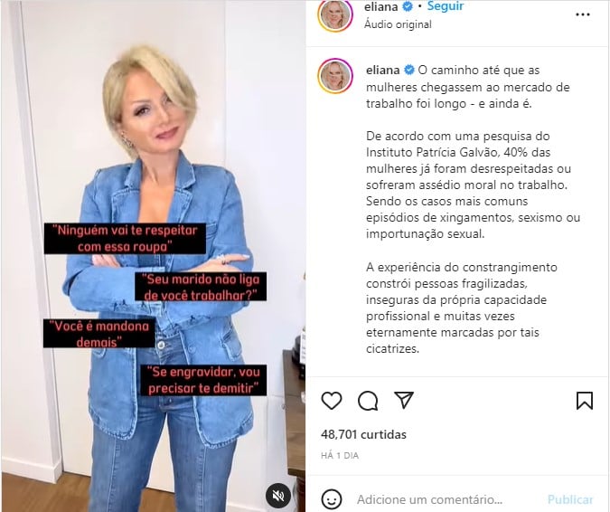 Eliana expõe dificuldades enfrentadas pelas mulheres no mercado de trabalho - Foto: Reprodução