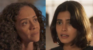 "Atura ou surta", é exatamente assim que Guta (Julia Dalavia) fará com Zuleica (Aline Borges), amante do pai em Pantanal (Foto: Reprodução / Globo)