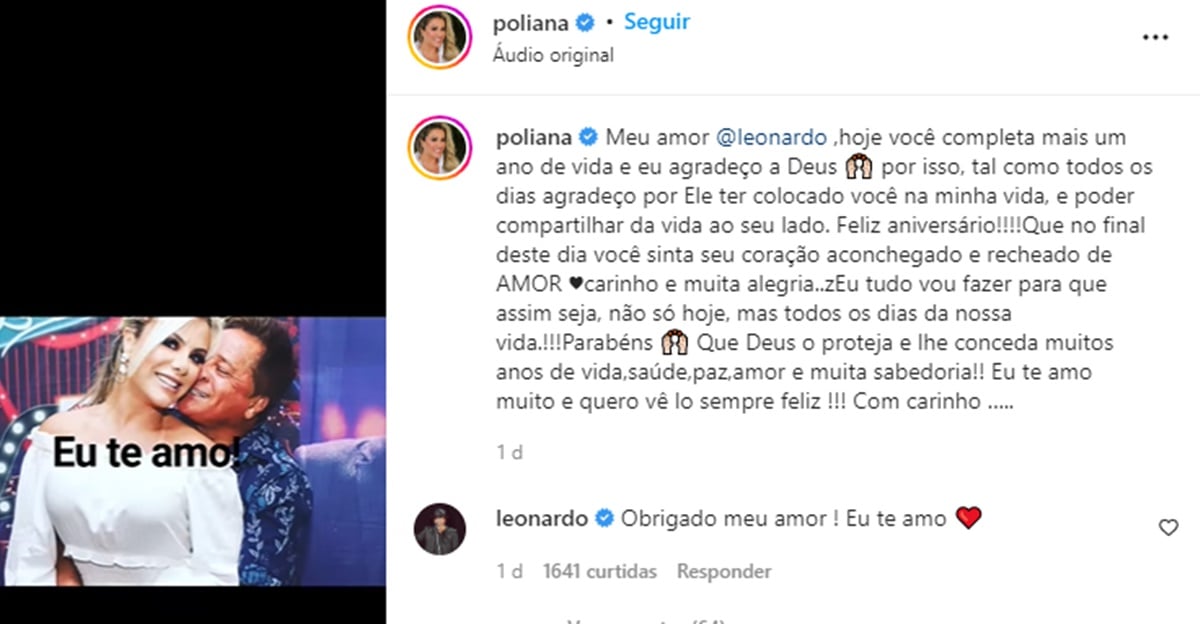 Poliana Rocha, esposa de Leonardo, faz textão de aniversário para o marido 