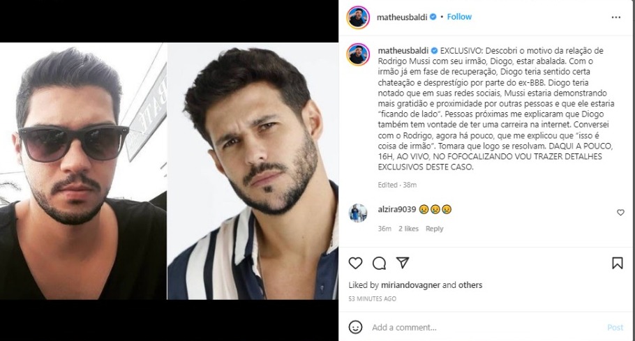 Matheus Baldi escancara motivo de briga entre Diogo e Rodrigo Mussi (Foto: Reprodução/Instagram)