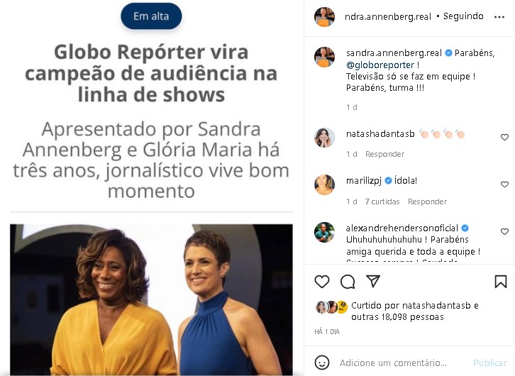 Jornalista comemorou sucesso do Globo Repórter (Foto: Reprodução)