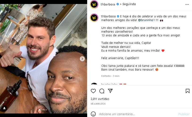 Thiaguinho se derreteu na legenda da publicação por seu parceiro, Bruninho (Foto: Reprodução/ Instagram)