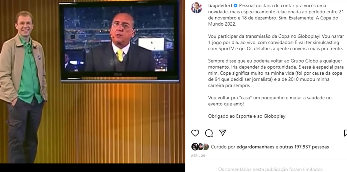 Tiago Leifert anunciou seu retorno à TV Globo em suas redes sociais 