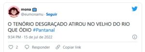 Em Pantanal, Tenório (Murilo Benício) atirou no Velho do Rio (Osmar Prado) em forma de sucuri (Foto: Reprodução / Twitter)