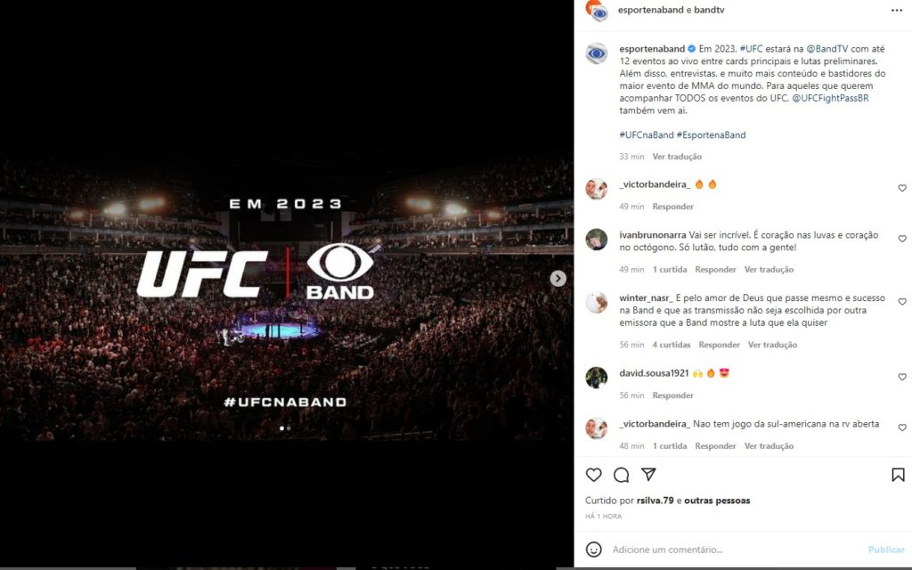 Band anunciou a volta das transmissões do UFC em TV aberta a partir de 2023