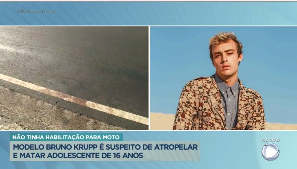 Reportagem da Record mostrou a mancha de sangue que ficou no asfalto após o acidente envolvendo um garoto de 16 anos e o modelo Bruno Krupp- Foto: Reprodução/Record