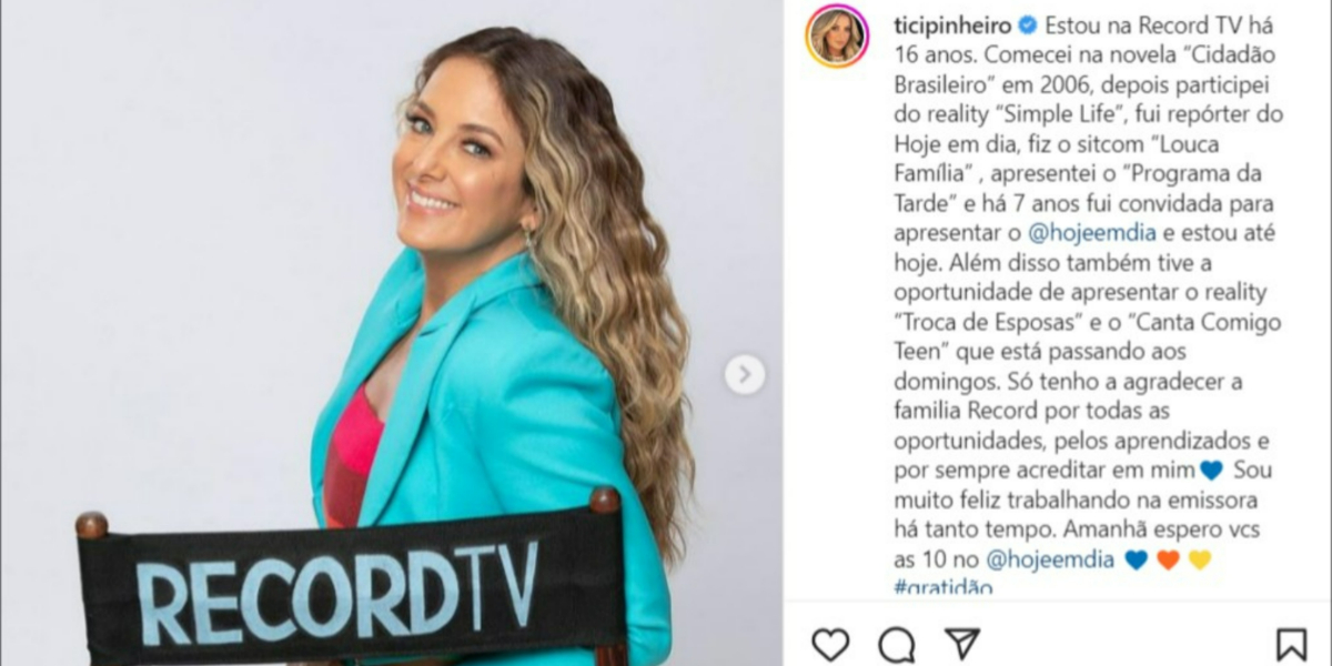 Ticiane Pinheiro está há 16 anos na Record (Foto: Reprodução/Instagram)