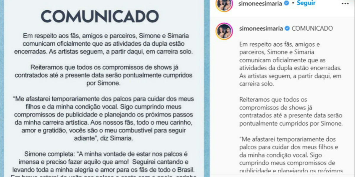Trecho do comunicado sobre o fim de Simone e Simaria (Foto: Reprodução/Instagram)