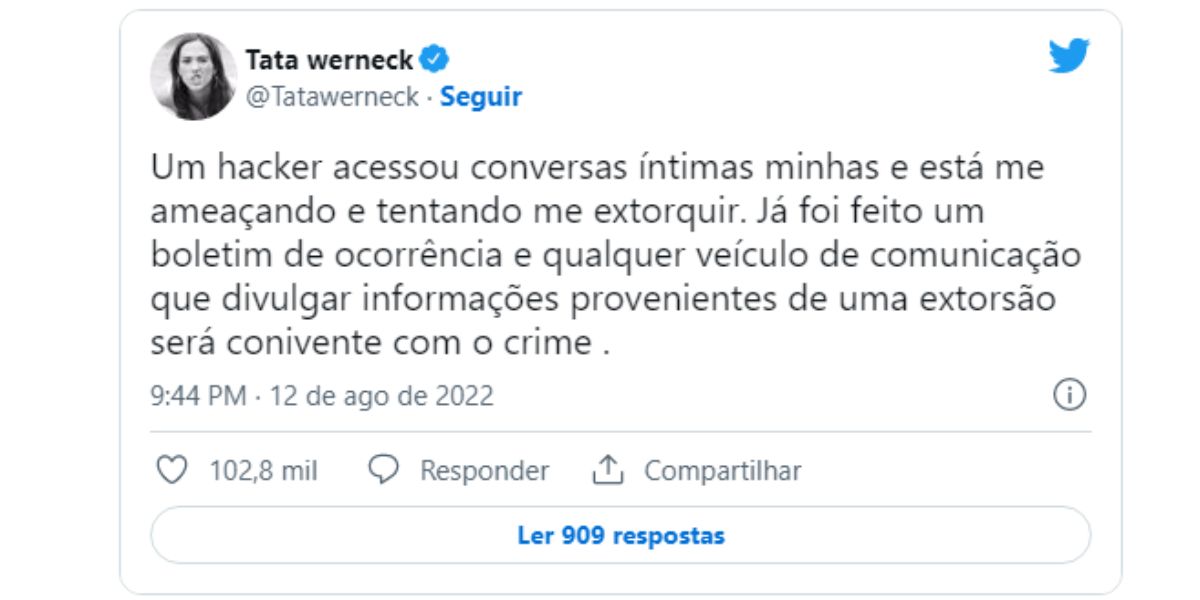 Tatá Werneck tem conversas íntimas acessadas por hacker - Reprodução Twitter