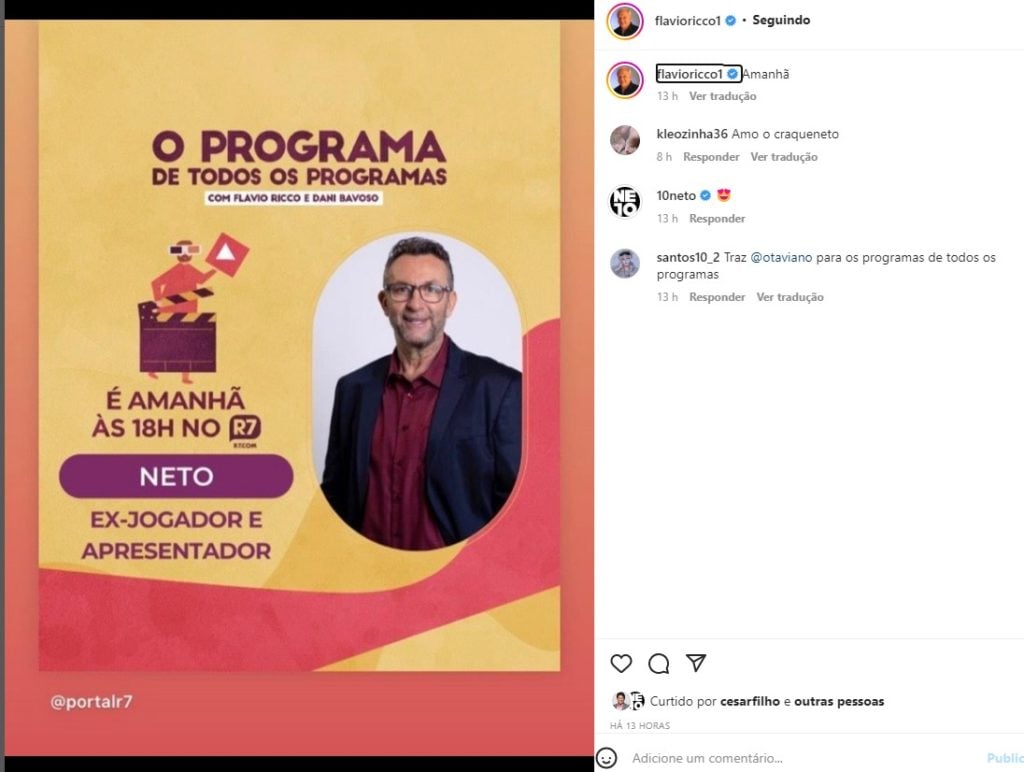 Flávio Ricco, colunista do R7 anunciou que o Craque Neto será o convidado do Programa de Todos os Programas