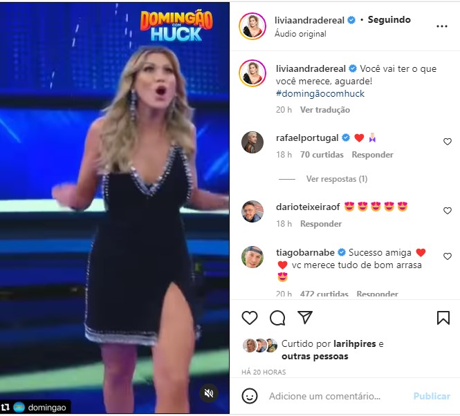 Lívia Andrade registrou sua estreia no Domingão nas redes sociais