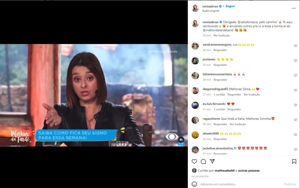 Sonia Abrão compartilhou o recado de Catia Fonseca no seu Instagram e retribuiu o carinho da apresentadora