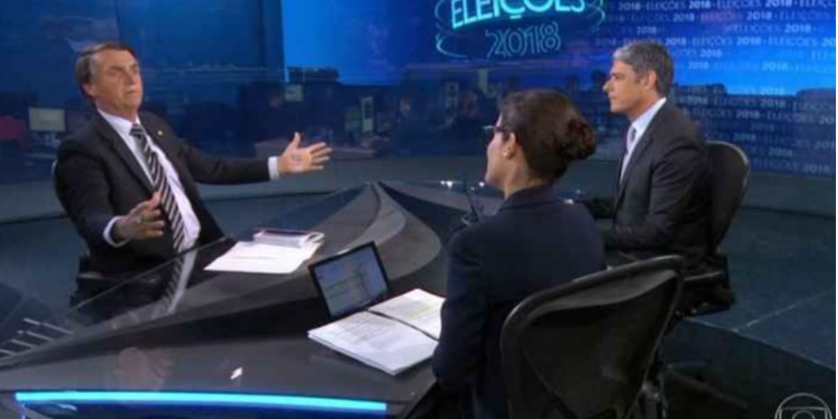 Jair Bolsonaro na entrevista de 2018, debatendo com Renata Vasconcellos e William Bonner (Reprodução: Globo)