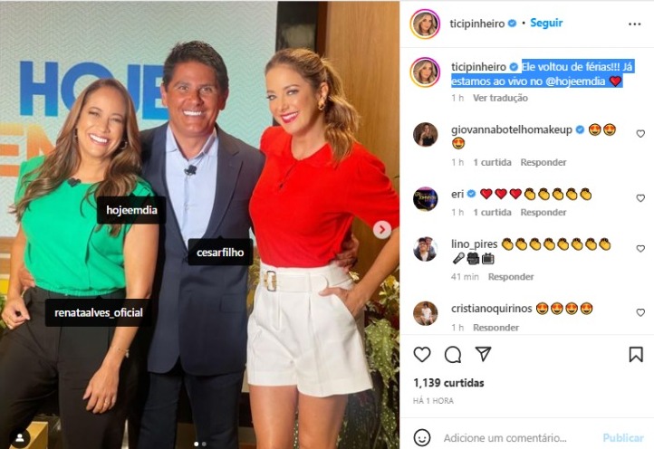 Ticiane anuncia volta de César Filho ao Hoje Em Dia (Foto: Reprodução/Instagram)