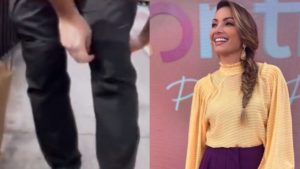 Repórter do Encontro coloca e tira a roupa no meio da rua ao vivo (Foto: Reprodução/Montagem)