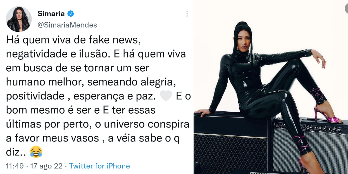 Simaria compartilha mensagem curiosa em suas redes sociais (Reprodução: Montagem TV Foco)