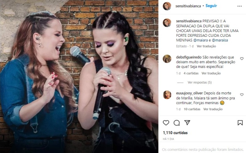 Sensitiva Bianca faz previsão para Maiara e Maraisa (Foto: Reprodução/Instagram)