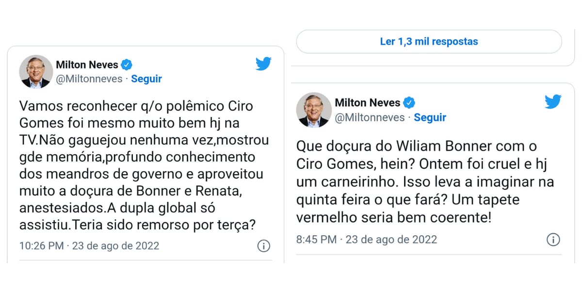 Milton Neves faz críticas ao William Bonner, pela entrevista com Ciro Gomes (Reprodução: Twitter)