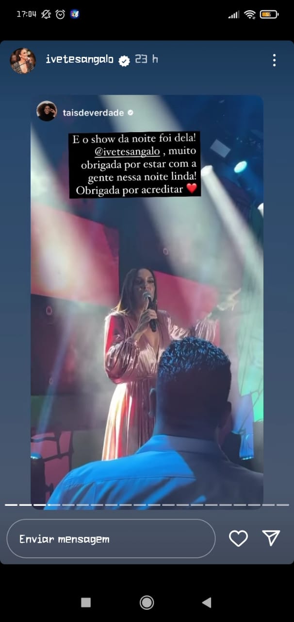 Taís Araújo foi à apresentação de Ivete Sangalo no Favela Gala (Foto: Reprodução/Instagram)