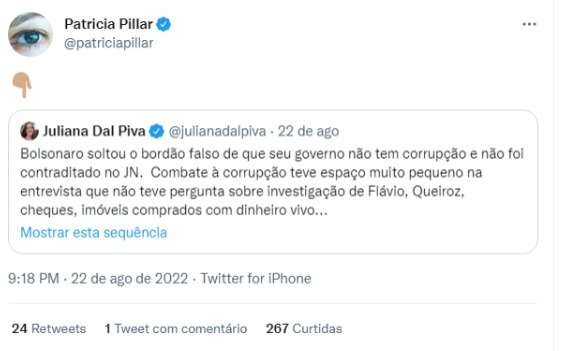 Patrícia Pillar comenta entrevista com Jair Bolsonaro (Foto: Reprodução/Twitter) 