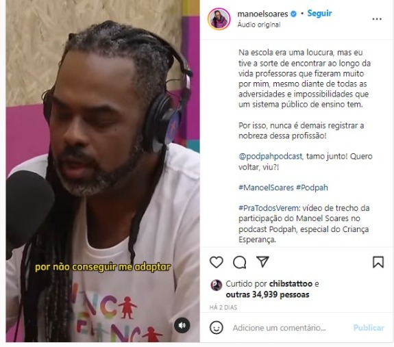 Manoel Soares compartilha trecho de participação em podcast (Foto: Reprodução/Instagram)