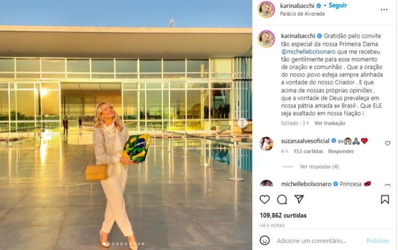 Karina Bacchi visita Michelle Bolsonaro no Palácio da Alvorada (Foto: Reprodução/Instagram)