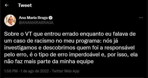 Ana Maria Braga publica pedido de desculpas nas redes sociais - Foto: Reprodução