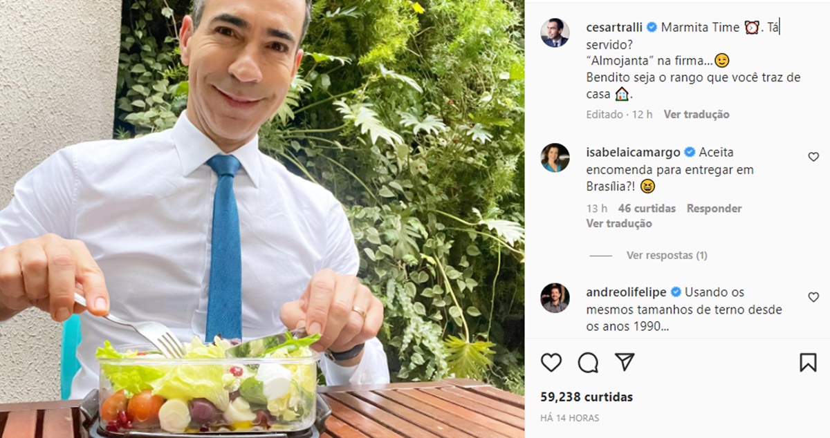 César Tralli prova que é gente como a gente e almoça marmita na Globo 