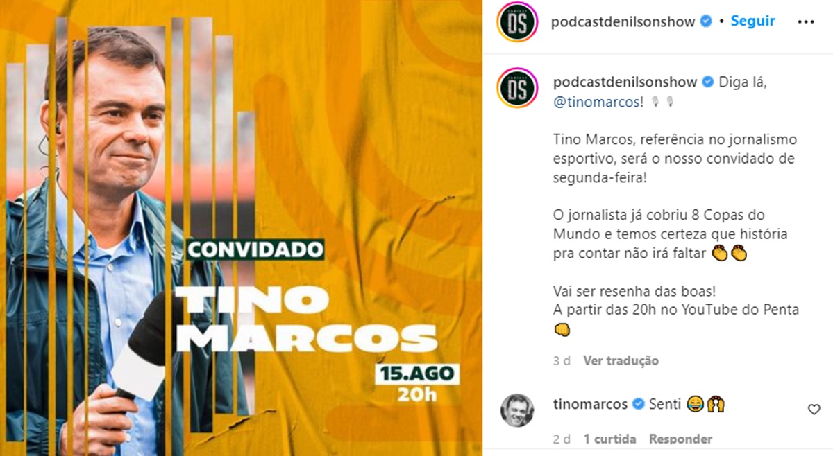 Denílson anuncia participação de Tino Marcos, demitido da Globo, em seu podcast 