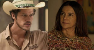 Filó (Dira Paes) já revelou em capítulos anteriores de Pantanal que Tadeu (José Loreto) pode não ser filho biológico de José Leôncio (Foto: Reprodução / Globo)