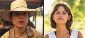 Em uma nova vida, Maria Bruaca (Isabel Teixeira) vai ignorar Guta (Julia Dalavia) na cara dura em Pantanal (Foto: Reprodução / Globo)