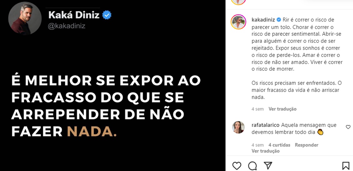 Kaká Diniz faz desabafo e deixa recado aos seguidores 