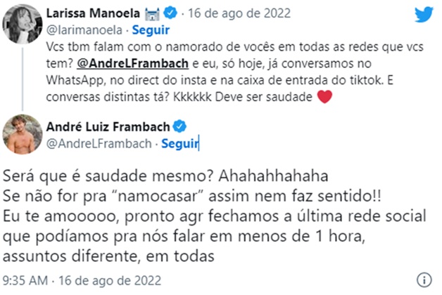 Larissa Manoela e seu namorado trocam mensagens públicas no Twitter 