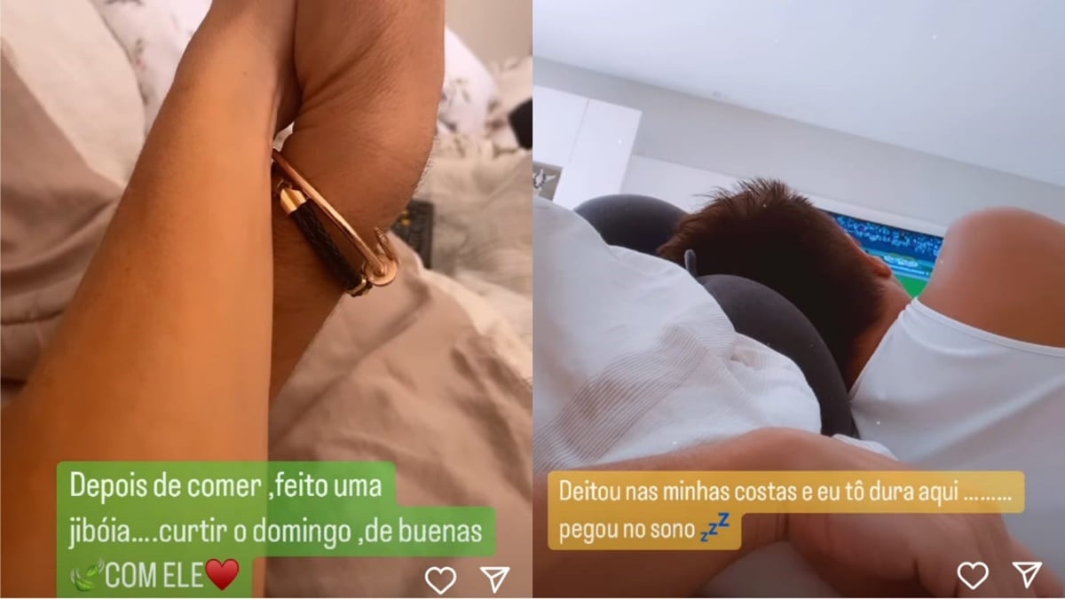 Poliana Rocha mostra estar de mãos dadas com Leonardo e o cantor dormindo nas costas dela 